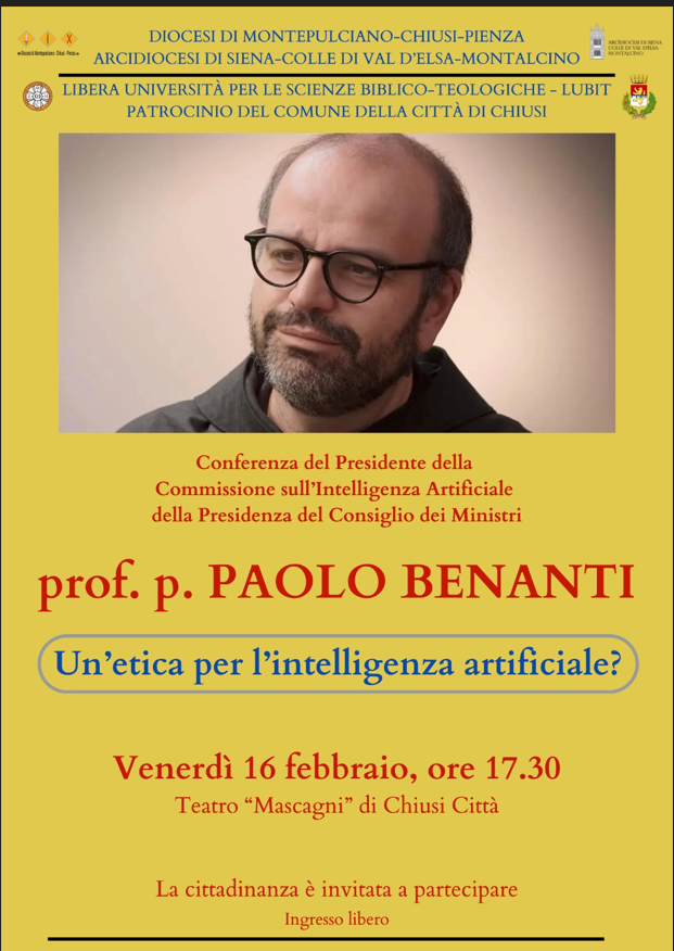 CHIUSI, IL 16/2 LA LECTIO MAGISTRALIS DI P. PAOLO BENANTI SU “UN